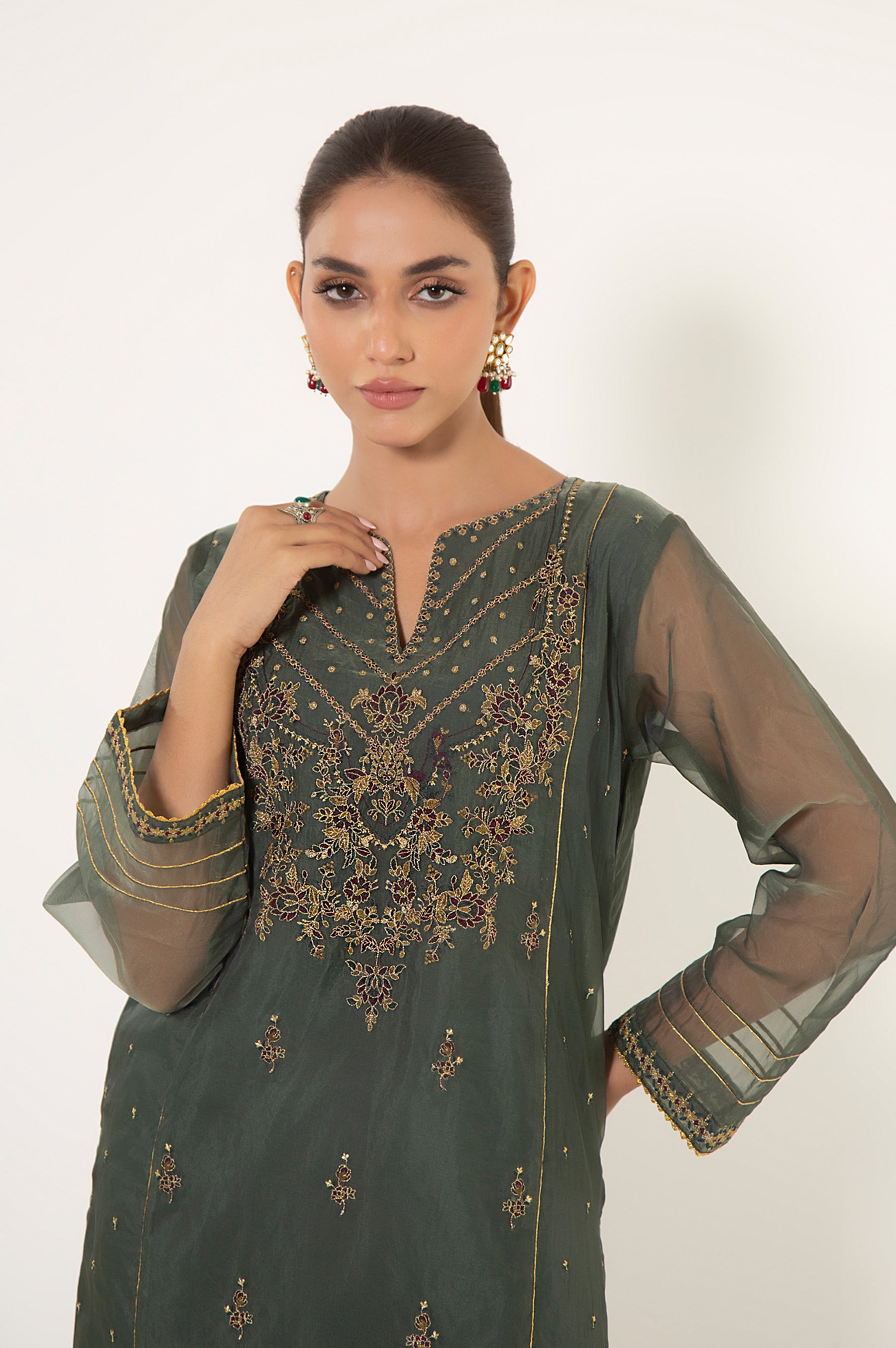 Stitched 1 Piece Embroidered Organza Shirt